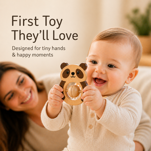 Voofy Wooden Baby Rattle Set (5pcs) – Montessori Sensory & Grasping Toys for Newborn to 12 Months | Non-Toxic, Organic Wood | Baby Shower Gift Set for Boys & Girls"