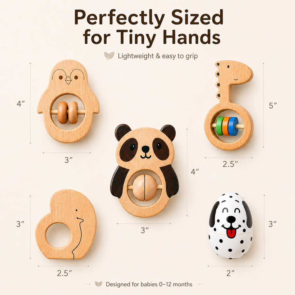 Voofy Wooden Baby Rattle Set (5pcs) – Montessori Sensory & Grasping Toys for Newborn to 12 Months | Non-Toxic, Organic Wood | Baby Shower Gift Set for Boys & Girls"