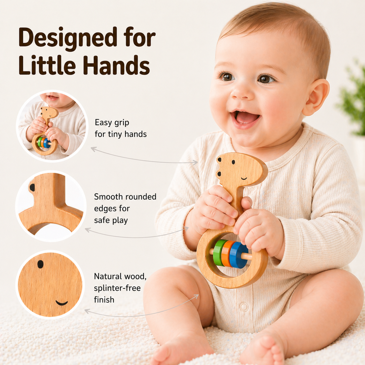 Voofy Wooden Baby Rattle Set (5pcs) – Montessori Sensory & Grasping Toys for Newborn to 12 Months | Non-Toxic, Organic Wood | Baby Shower Gift Set for Boys & Girls"