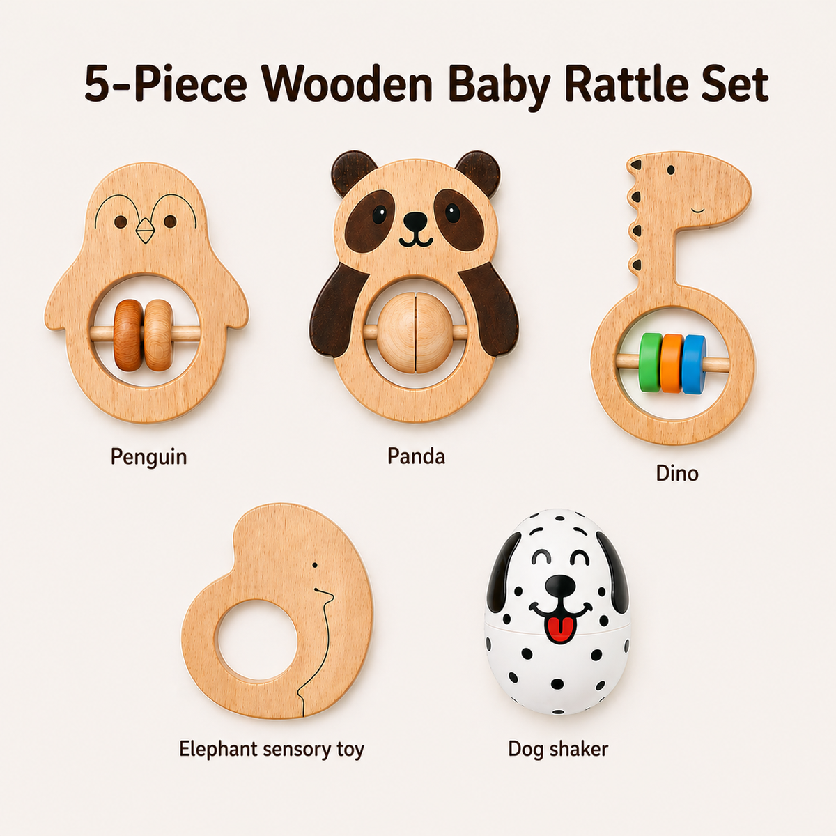 Voofy Wooden Baby Rattle Set (5pcs) – Montessori Sensory & Grasping Toys for Newborn to 12 Months | Non-Toxic, Organic Wood | Baby Shower Gift Set for Boys & Girls"