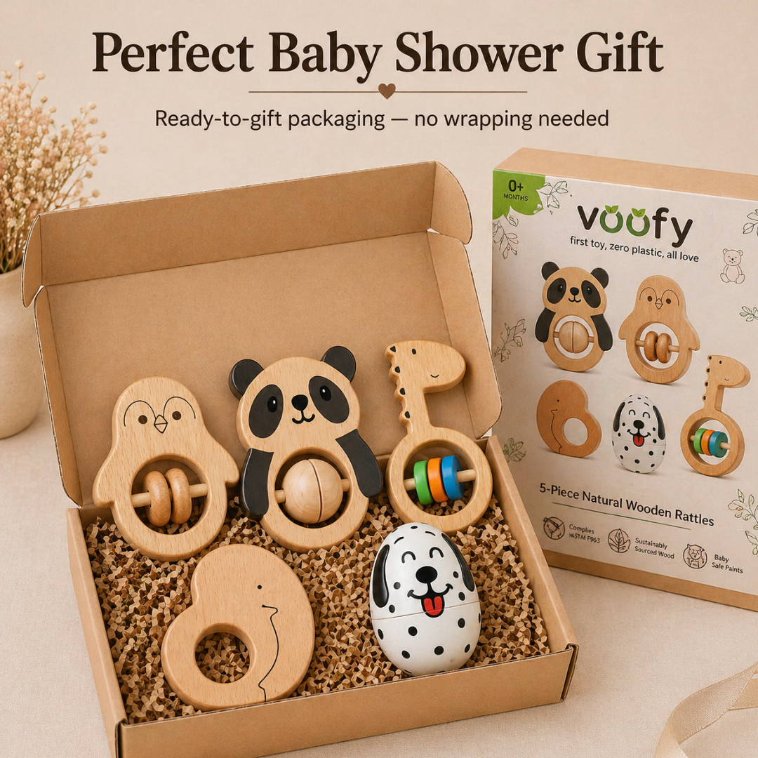 Voofy Wooden Baby Rattle Set (5pcs) – Montessori Sensory & Grasping Toys for Newborn to 12 Months | Non-Toxic, Organic Wood | Baby Shower Gift Set for Boys & Girls"