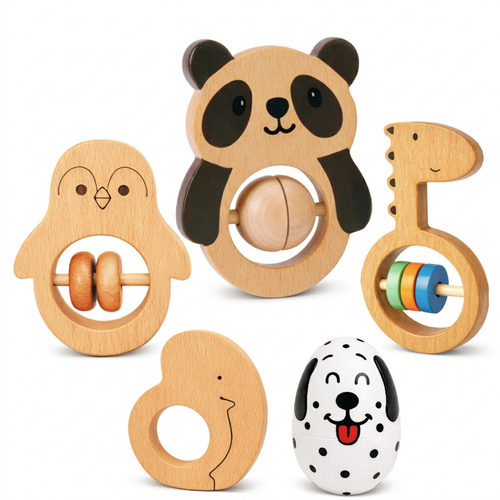 A set of wooden baby rattle toys with animal faces, including a panda, bird, giraffe, duck, and dalmatian, arranged on a clean white background.