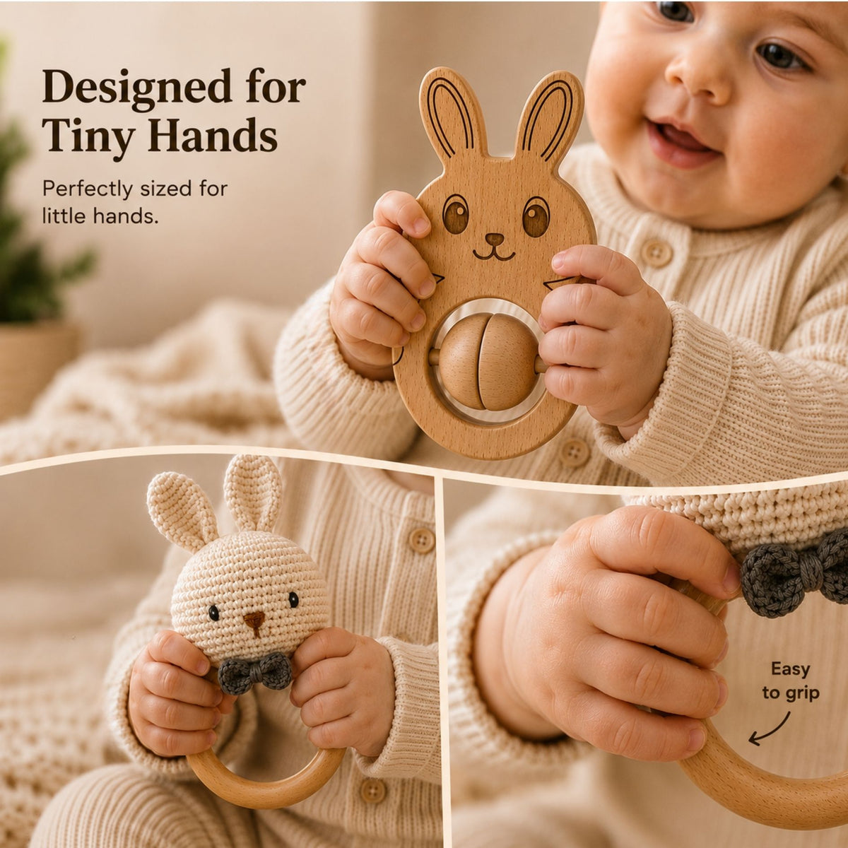 Voofy Handmade Crochet & Wooden Bunny Rattle Combo | Baby Teething Ring Toy | Natural Wood Infant Chew Toy | Soft Knitted Newborn Rattle Teether | Organic Cotton Baby Gift Set (Pack of 2