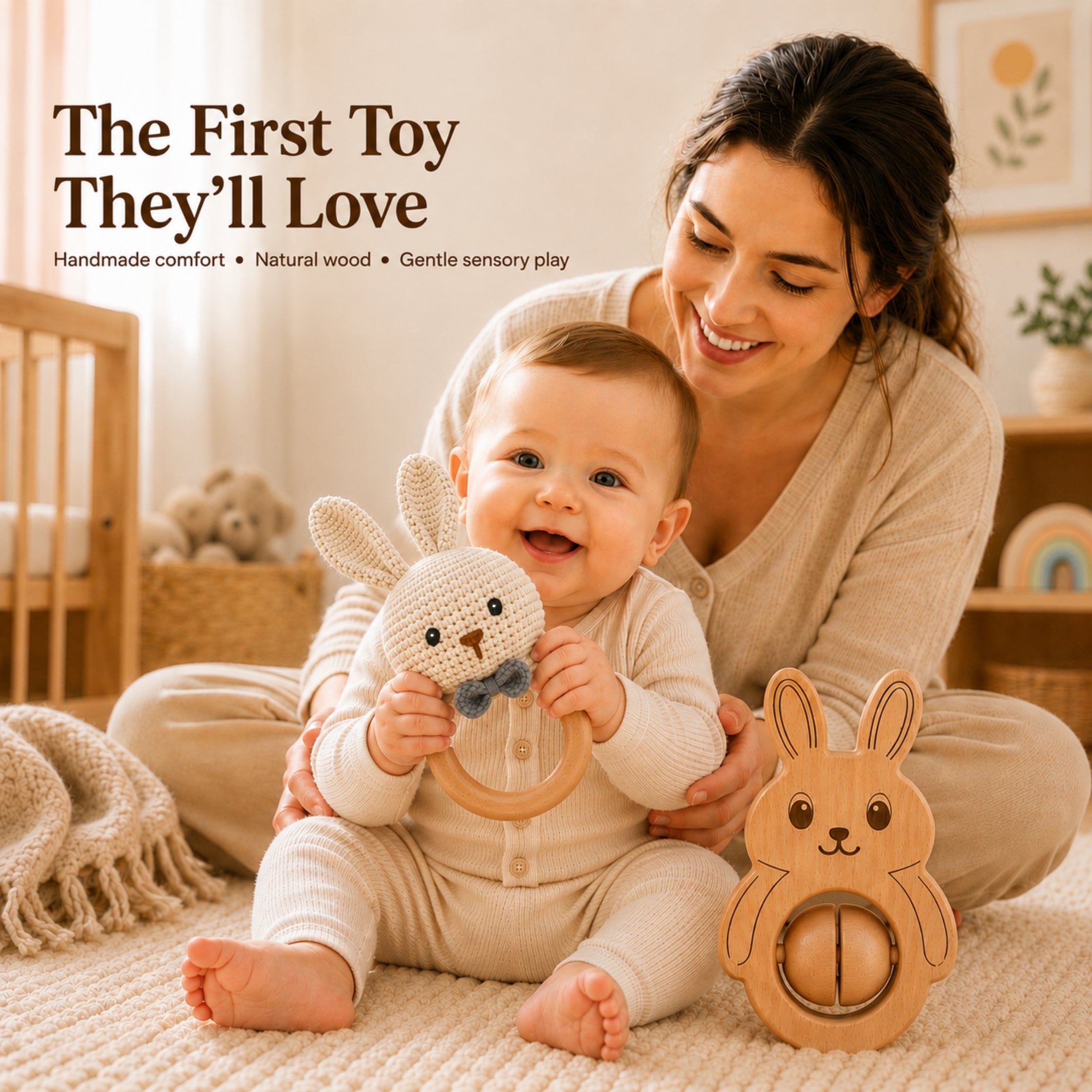 Voofy Handmade Crochet & Wooden Bunny Rattle Combo | Baby Teething Ring Toy | Natural Wood Infant Chew Toy | Soft Knitted Newborn Rattle Teether | Organic Cotton Baby Gift Set (Pack of 2