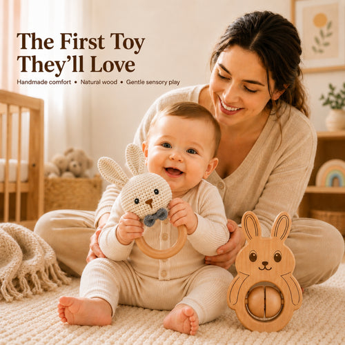 Voofy Handmade Crochet & Wooden Bunny Rattle Combo | Baby Teething Ring Toy | Natural Wood Infant Chew Toy | Soft Knitted Newborn Rattle Teether | Organic Cotton Baby Gift Set (Pack of 2
