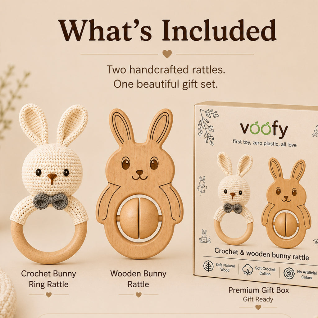 Voofy Handmade Crochet & Wooden Bunny Rattle Combo | Baby Teething Ring Toy | Natural Wood Infant Chew Toy | Soft Knitted Newborn Rattle Teether | Organic Cotton Baby Gift Set (Pack of 2
