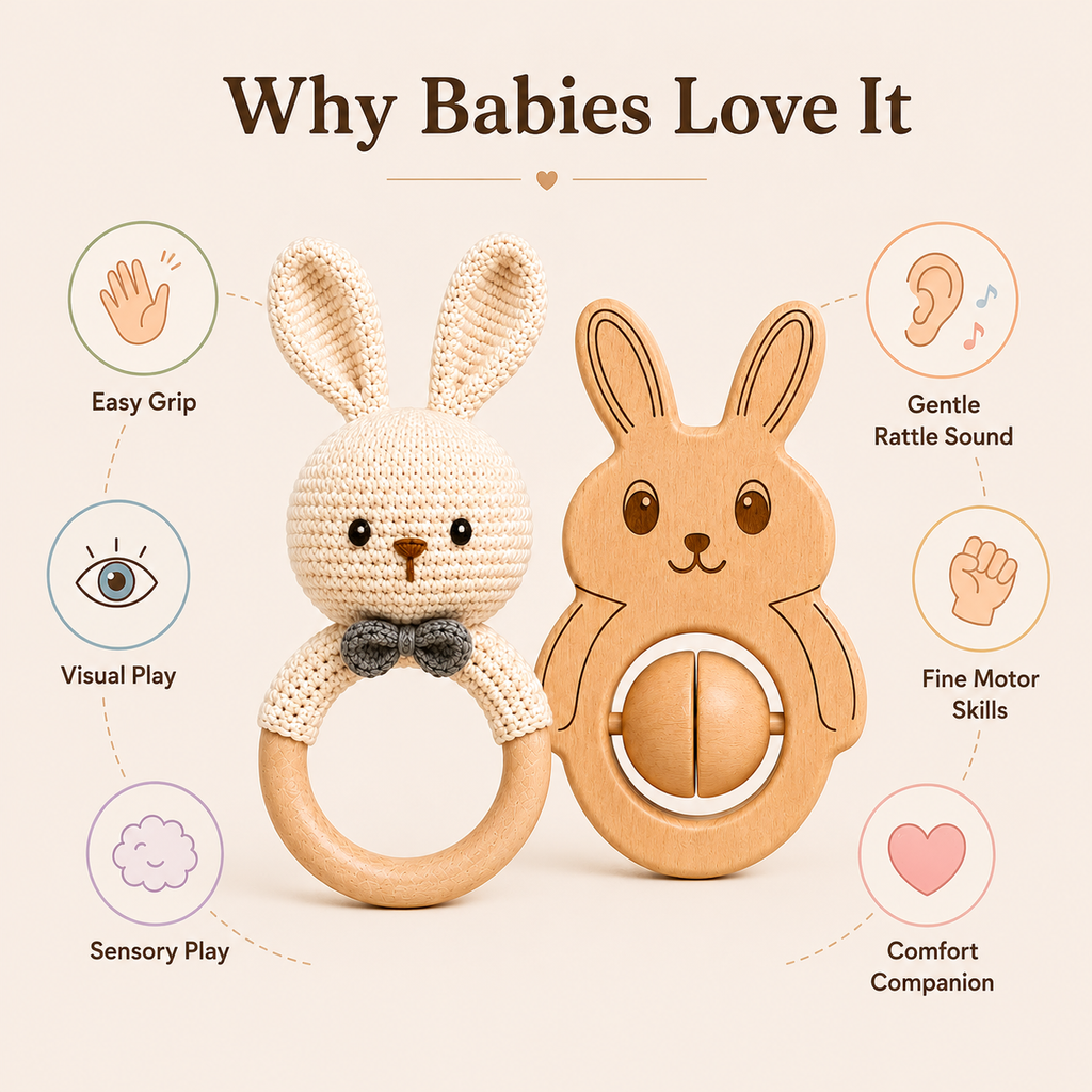Voofy Handmade Crochet & Wooden Bunny Rattle Combo | Baby Teething Ring Toy | Natural Wood Infant Chew Toy | Soft Knitted Newborn Rattle Teether | Organic Cotton Baby Gift Set (Pack of 2