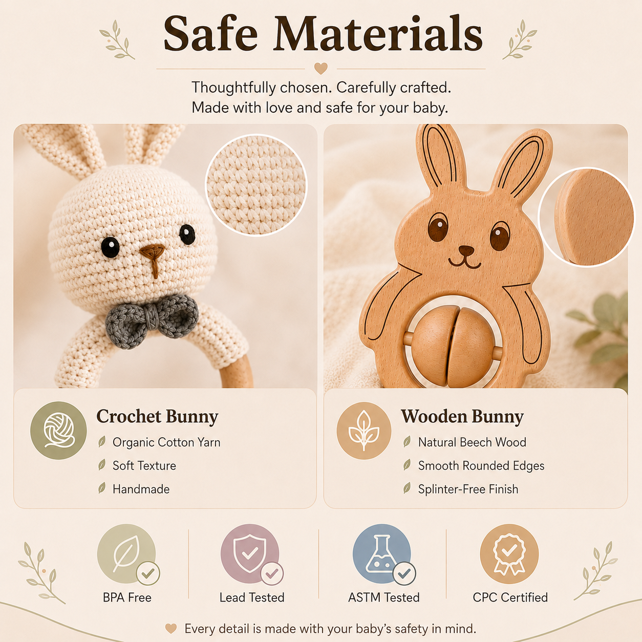 Voofy Handmade Crochet & Wooden Bunny Rattle Combo | Baby Teething Ring Toy | Natural Wood Infant Chew Toy | Soft Knitted Newborn Rattle Teether | Organic Cotton Baby Gift Set (Pack of 2
