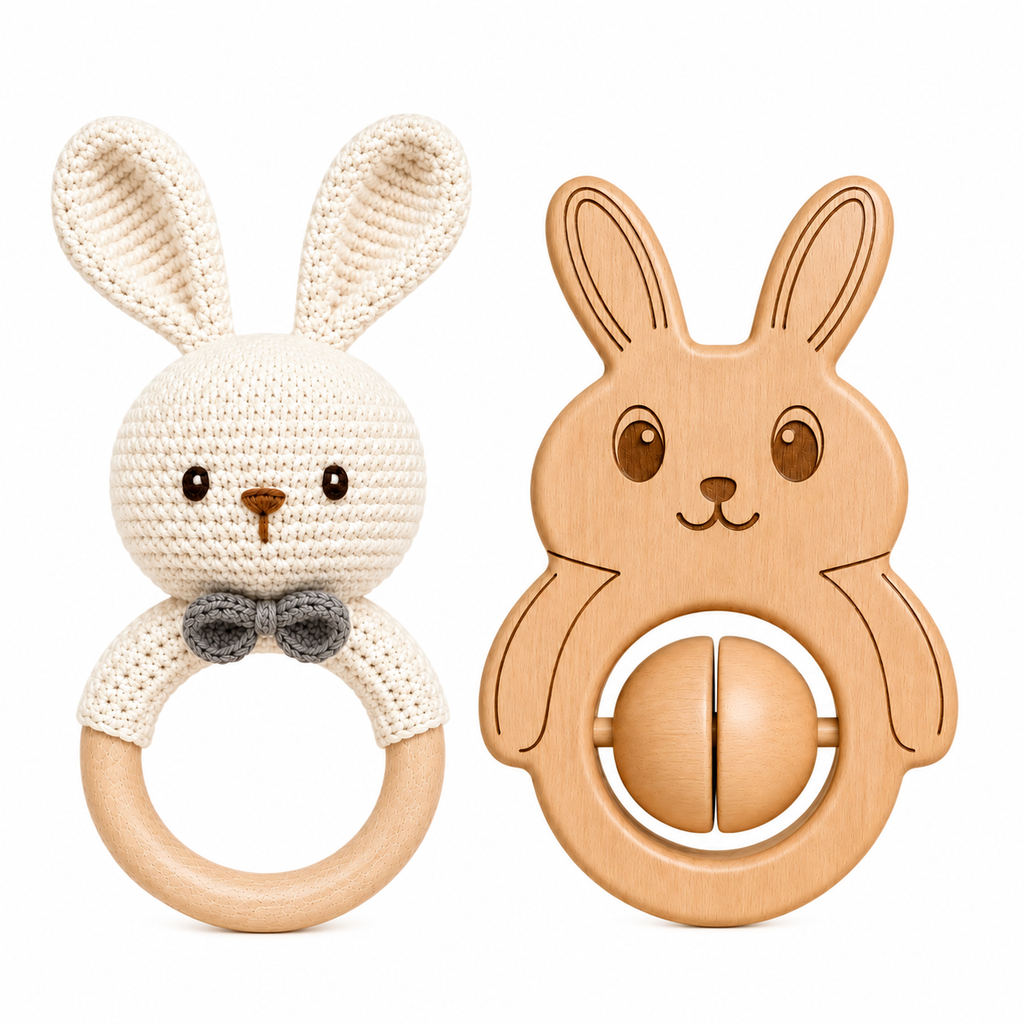 Voofy Handmade Crochet & Wooden Bunny Rattle Combo | Baby Teething Ring Toy | Natural Wood Infant Chew Toy | Soft Knitted Newborn Rattle Teether | Organic Cotton Baby Gift Set (Pack of 2