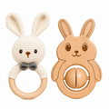 Voofy Handmade Crochet & Wooden Bunny Rattle Combo | Baby Teething Ring Toy | Natural Wood Infant Chew Toy | Soft Knitted Newborn Rattle Teether | Organic Cotton Baby Gift Set (Pack of 2